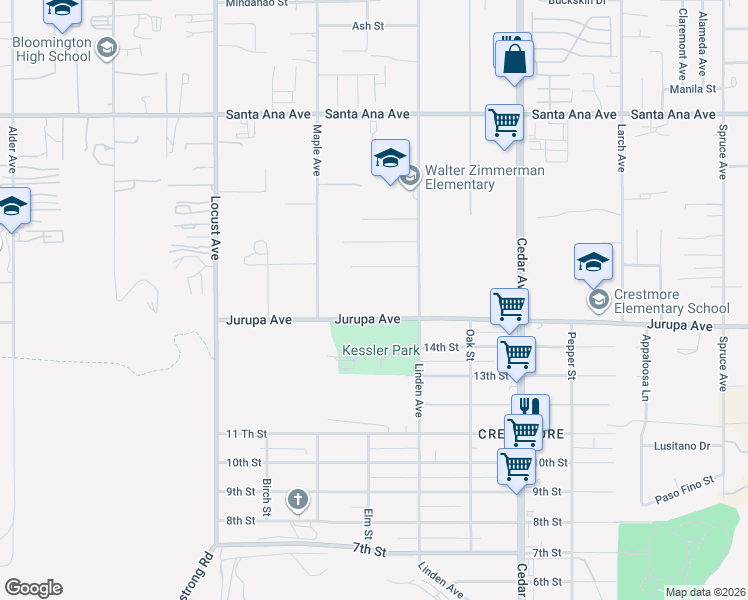 map of restaurants, bars, coffee shops, grocery stores, and more near 18400 Jurupa Avenue in Bloomington