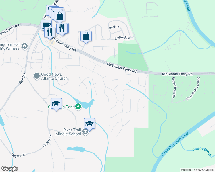 map of restaurants, bars, coffee shops, grocery stores, and more near 8040 Cavendish Place in Suwanee