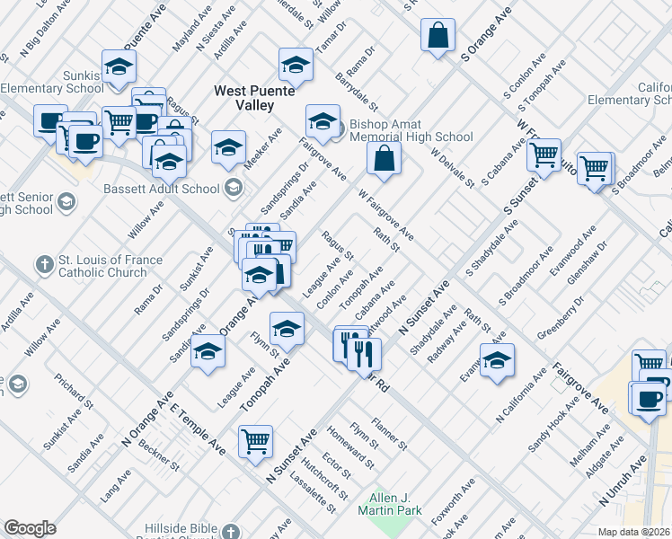map of restaurants, bars, coffee shops, grocery stores, and more near 1020 League Avenue in La Puente