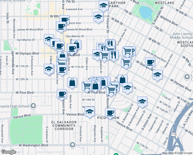 map of restaurants, bars, coffee shops, grocery stores, and more near 1154 Magnolia Avenue in Los Angeles