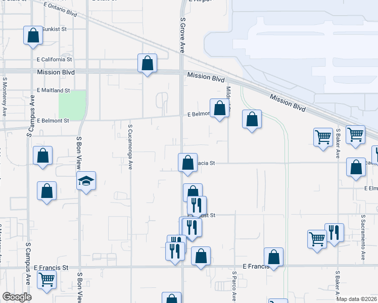 map of restaurants, bars, coffee shops, grocery stores, and more near 1351 South Grove Avenue in Ontario