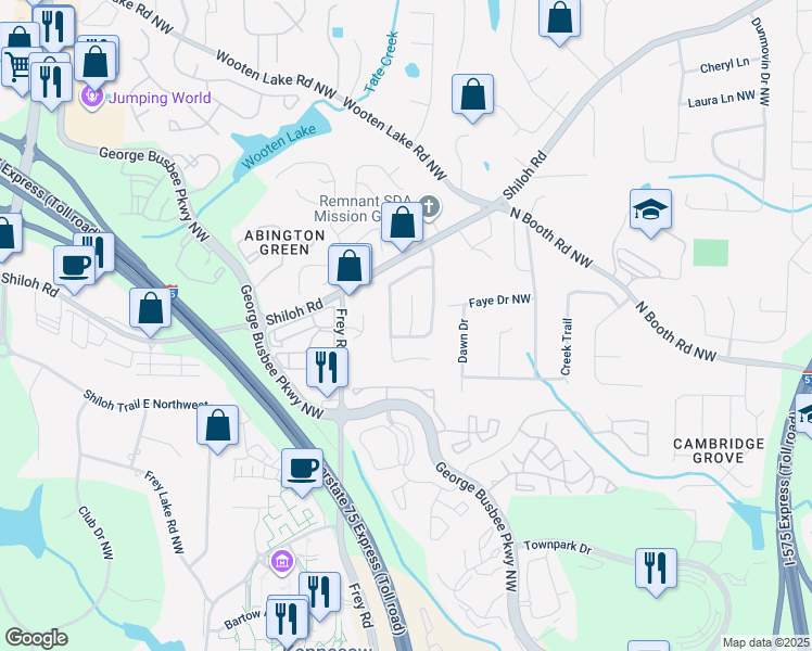 map of restaurants, bars, coffee shops, grocery stores, and more near 4163 Little Springs Road in Kennesaw