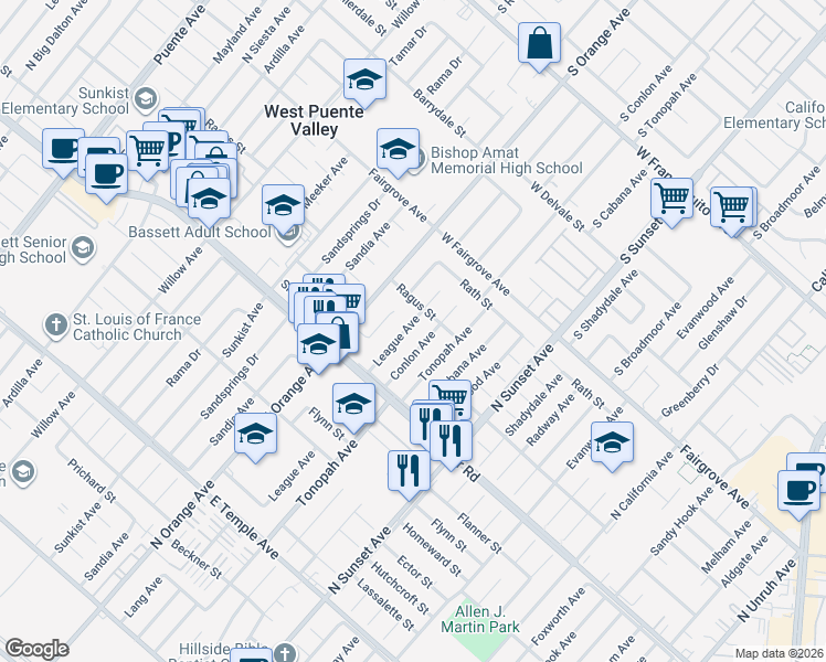 map of restaurants, bars, coffee shops, grocery stores, and more near 1020 League Avenue in La Puente