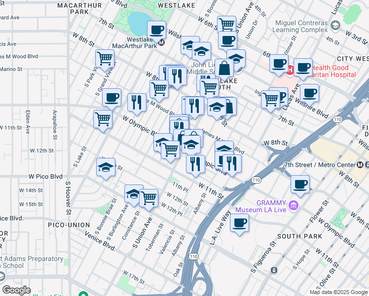 map of restaurants, bars, coffee shops, grocery stores, and more near 1234 Wilshire Boulevard in Los Angeles