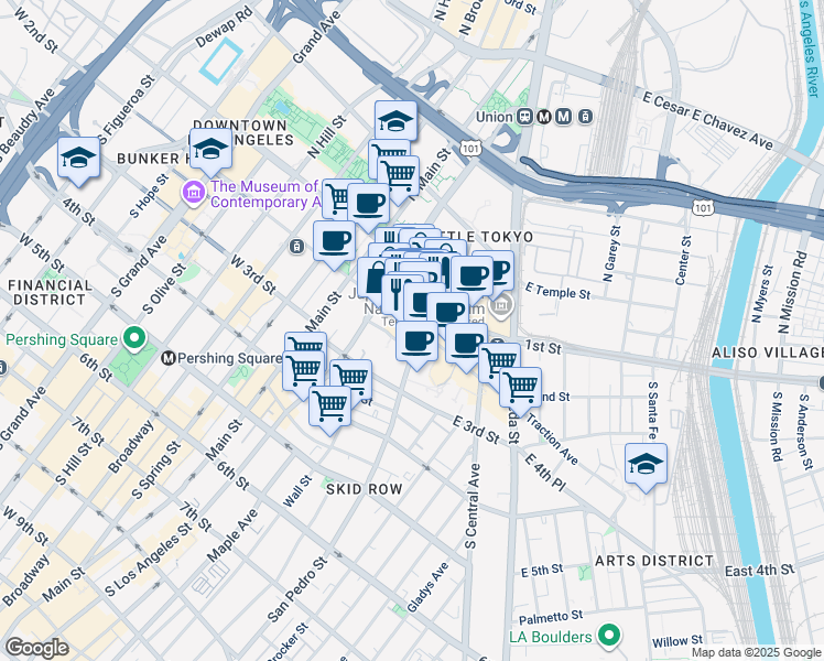 map of restaurants, bars, coffee shops, grocery stores, and more near 123 Astronaut Ellison S Onizuka Street in Los Angeles