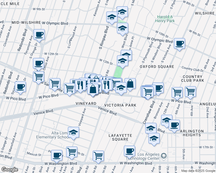 map of restaurants, bars, coffee shops, grocery stores, and more near West Boulevard in Los Angeles