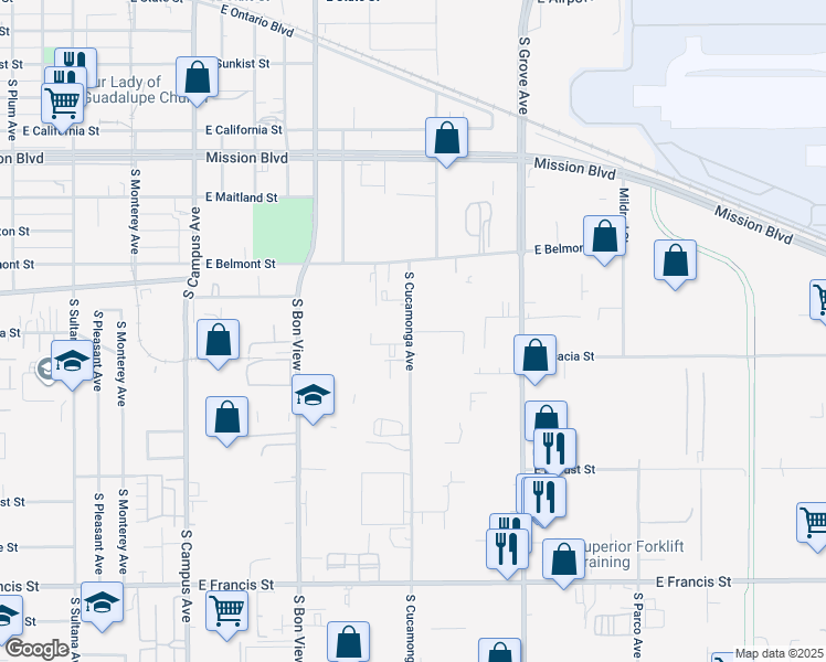 map of restaurants, bars, coffee shops, grocery stores, and more near 1383 South Cucamonga Avenue in Ontario