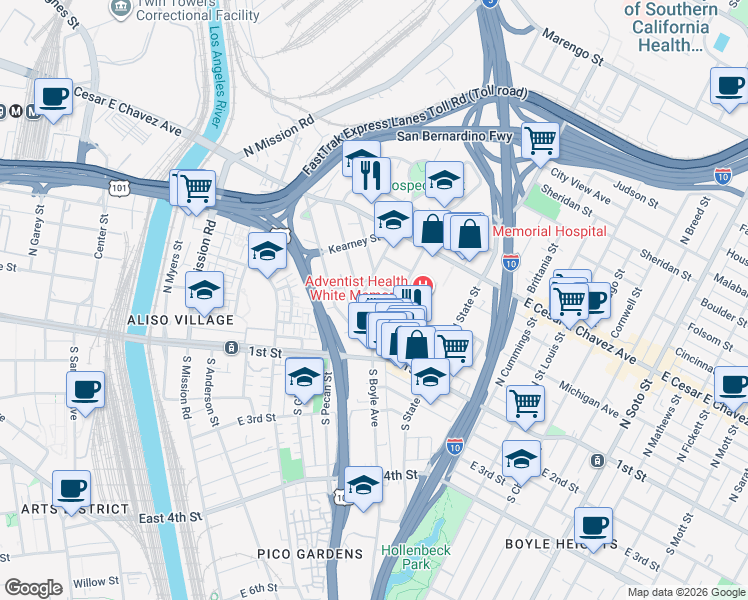 map of restaurants, bars, coffee shops, grocery stores, and more near 1613 Pennsylvania Avenue in Los Angeles