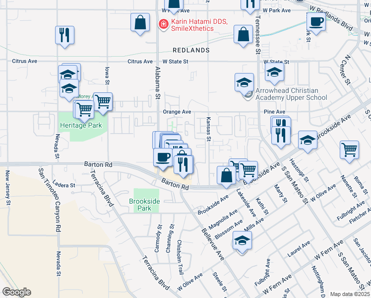 map of restaurants, bars, coffee shops, grocery stores, and more near 1400 Barton Road in Redlands