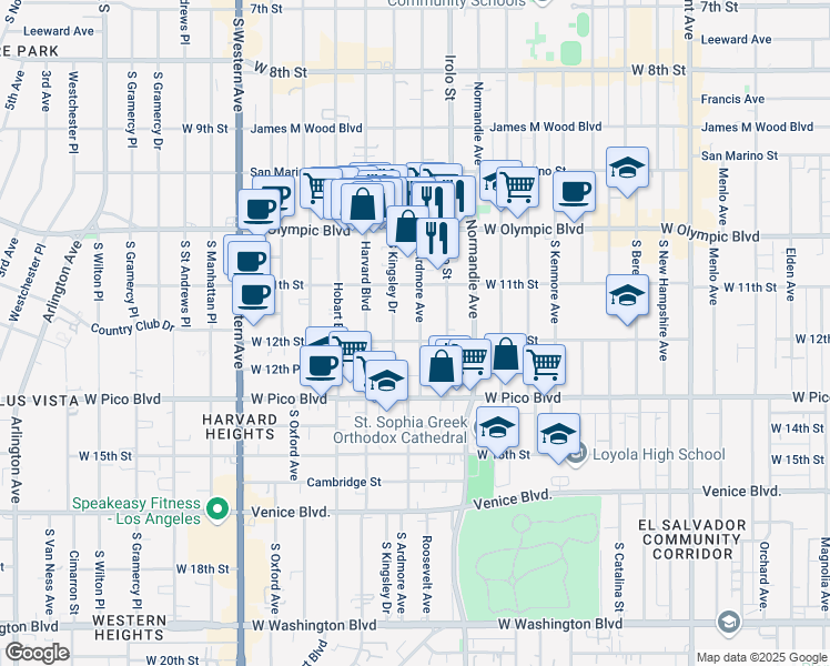 map of restaurants, bars, coffee shops, grocery stores, and more near 1128 South Ardmore Avenue in Los Angeles