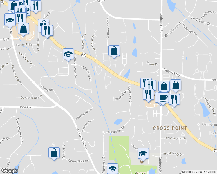 map of restaurants, bars, coffee shops, grocery stores, and more near 6060 Foxberry Lane in Roswell