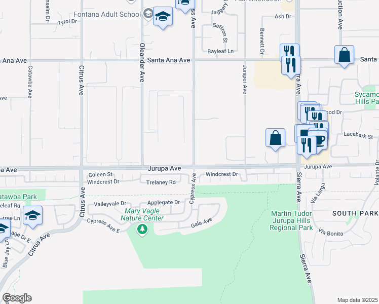 map of restaurants, bars, coffee shops, grocery stores, and more near 11250 Cypress Avenue in Fontana