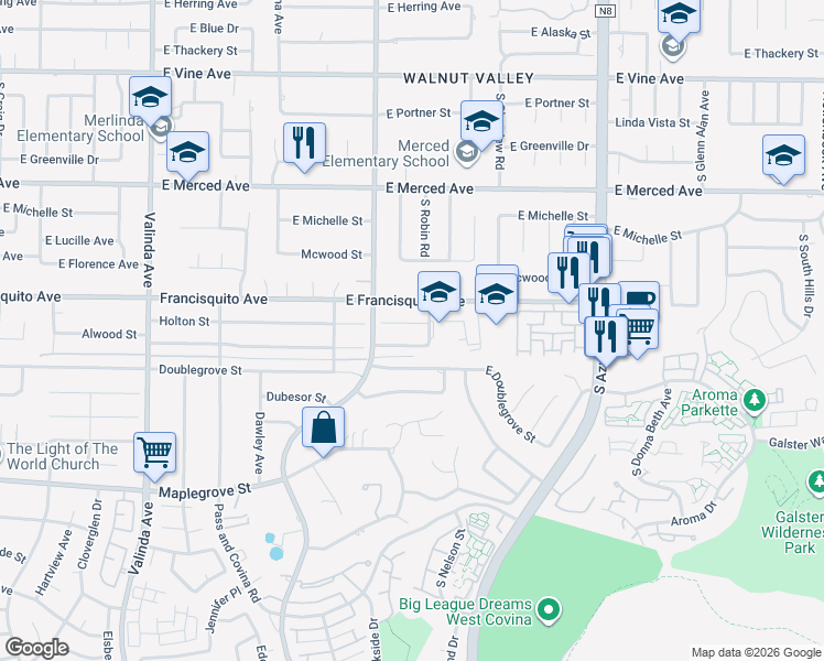 map of restaurants, bars, coffee shops, grocery stores, and more near 17102 East Francisquito Avenue in West Covina