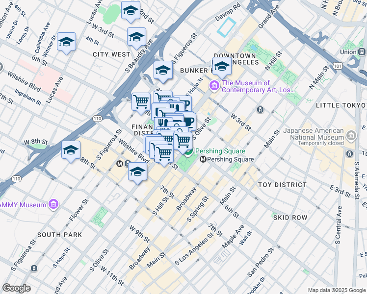 map of restaurants, bars, coffee shops, grocery stores, and more near 515 South Olive Street in Los Angeles