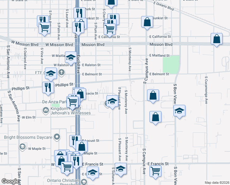 map of restaurants, bars, coffee shops, grocery stores, and more near 1343 South Sultana Avenue in Ontario
