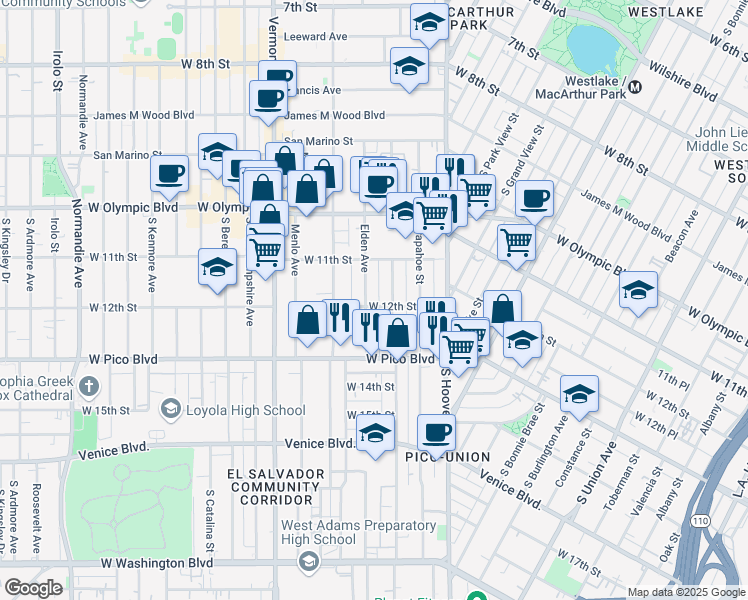 map of restaurants, bars, coffee shops, grocery stores, and more near 2375 West 12th Street in Los Angeles