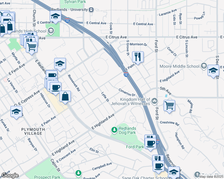 map of restaurants, bars, coffee shops, grocery stores, and more near 814 Cimarron Drive in Redlands