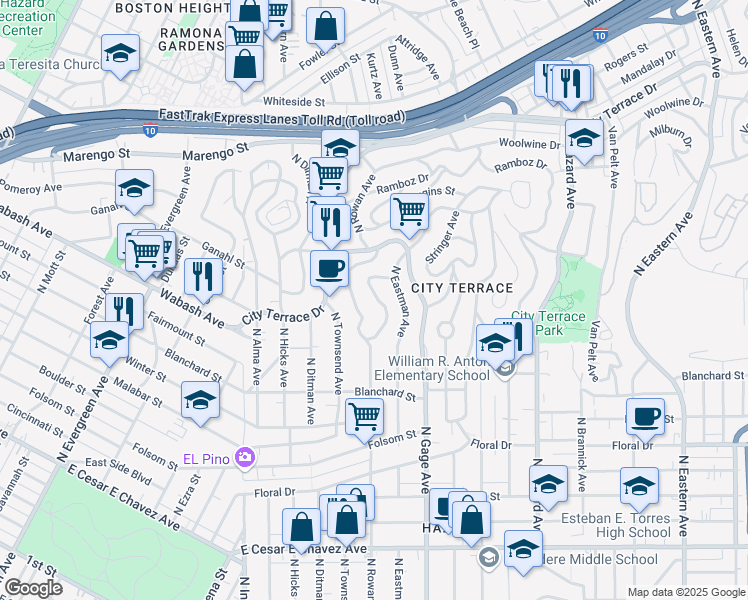 map of restaurants, bars, coffee shops, grocery stores, and more near 1073 De Garmo Drive in Los Angeles