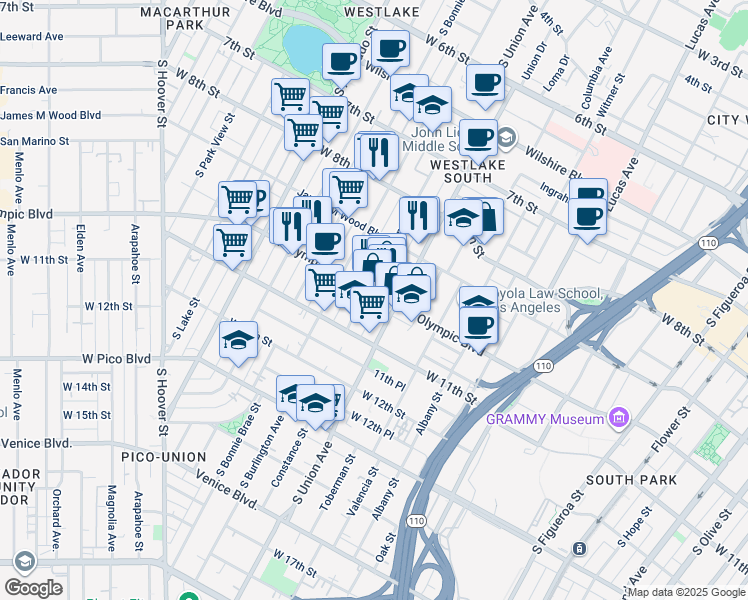 map of restaurants, bars, coffee shops, grocery stores, and more near 1663 West Olympic Boulevard in Los Angeles