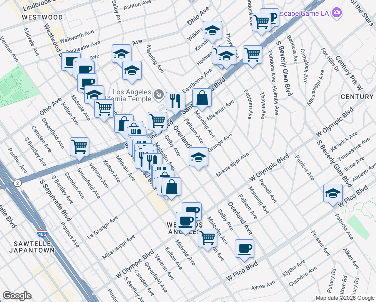 map of restaurants, bars, coffee shops, grocery stores, and more near 1920 Overland Avenue in Los Angeles