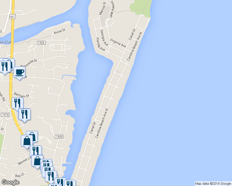 map of restaurants, bars, coffee shops, grocery stores, and more near 1210 Carolina Beach Avenue North in Carolina Beach