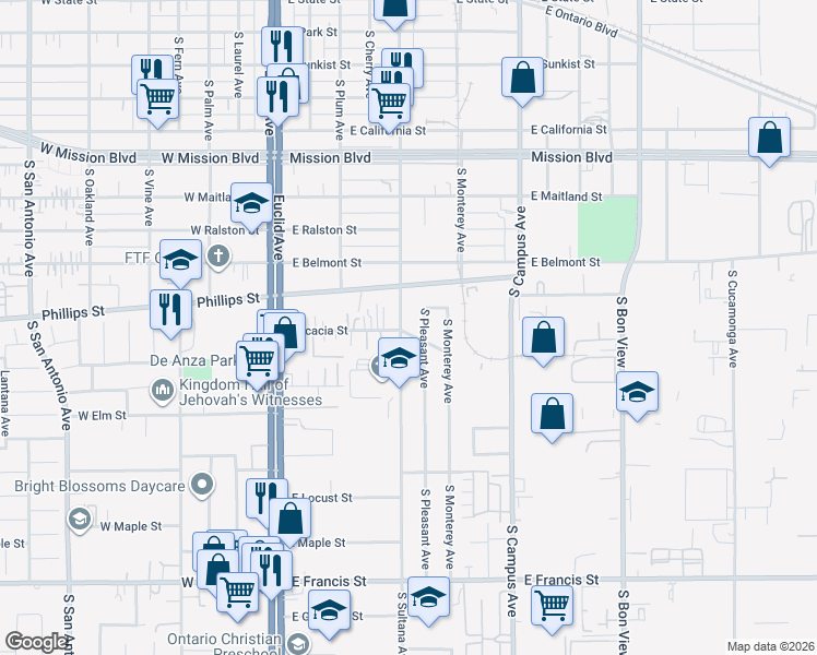 map of restaurants, bars, coffee shops, grocery stores, and more near 1343 South Sultana Avenue in Ontario
