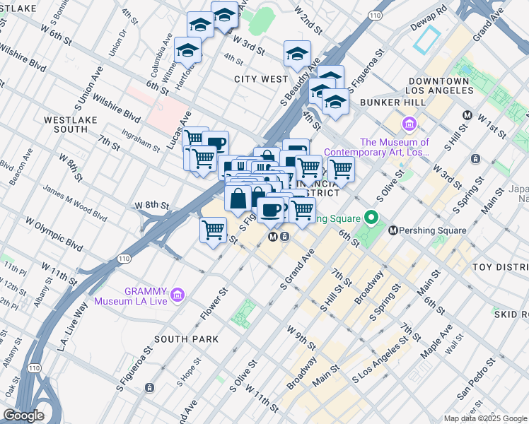map of restaurants, bars, coffee shops, grocery stores, and more near 660 South Figueroa Street in Los Angeles