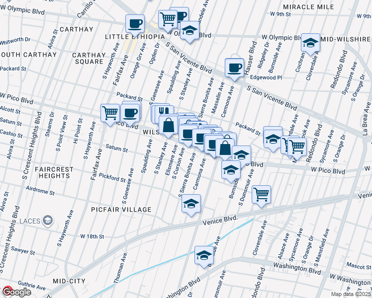 map of restaurants, bars, coffee shops, grocery stores, and more near 5555 West Pico Boulevard in Los Angeles