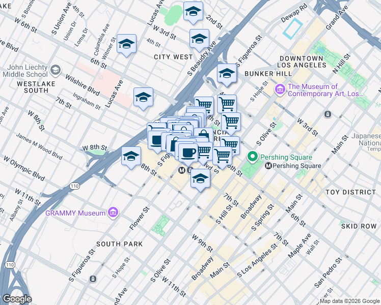 map of restaurants, bars, coffee shops, grocery stores, and more near Wilshire Boulevard & South Flower Street in Los Angeles