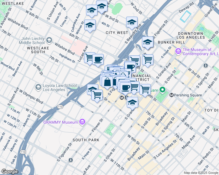 map of restaurants, bars, coffee shops, grocery stores, and more near 725 South Figueroa Street in Los Angeles