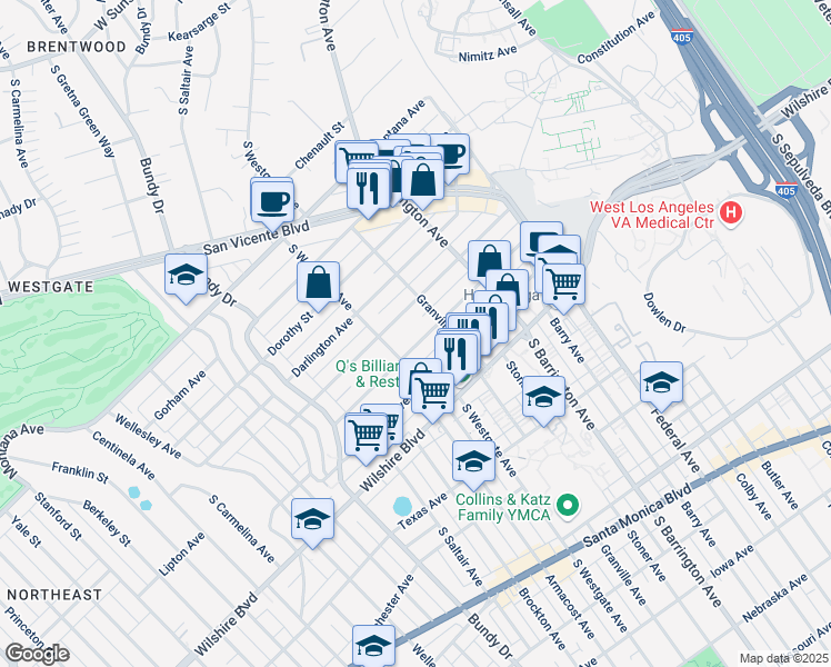 map of restaurants, bars, coffee shops, grocery stores, and more near 11820 Mayfield Avenue in Los Angeles