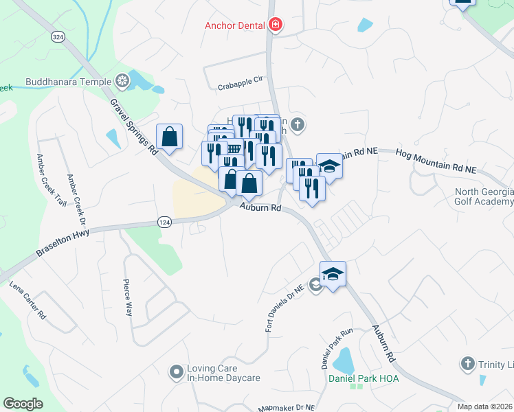 map of restaurants, bars, coffee shops, grocery stores, and more near 1941-1971 Hog Mountain Church Road in Buford