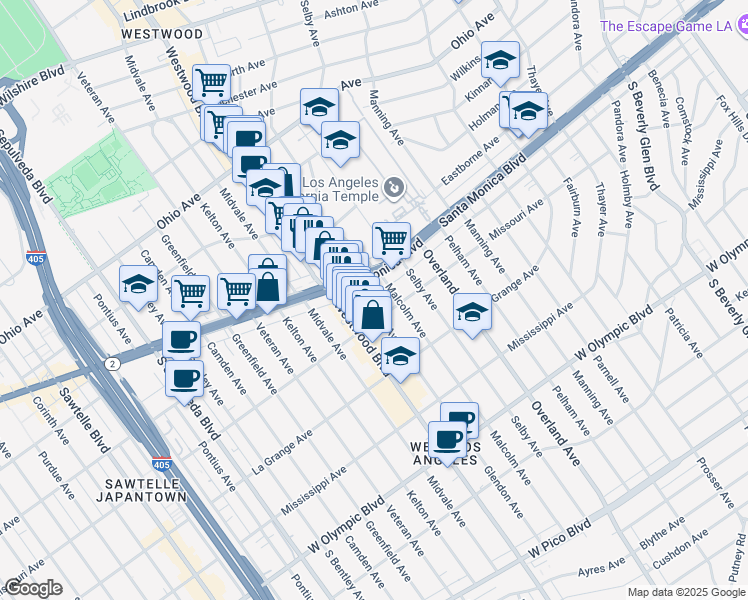 map of restaurants, bars, coffee shops, grocery stores, and more near 10854 Santa Monica Boulevard in Los Angeles
