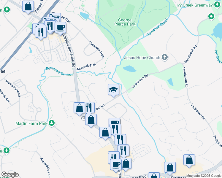 map of restaurants, bars, coffee shops, grocery stores, and more near 3875 Smithtown Road in Suwanee