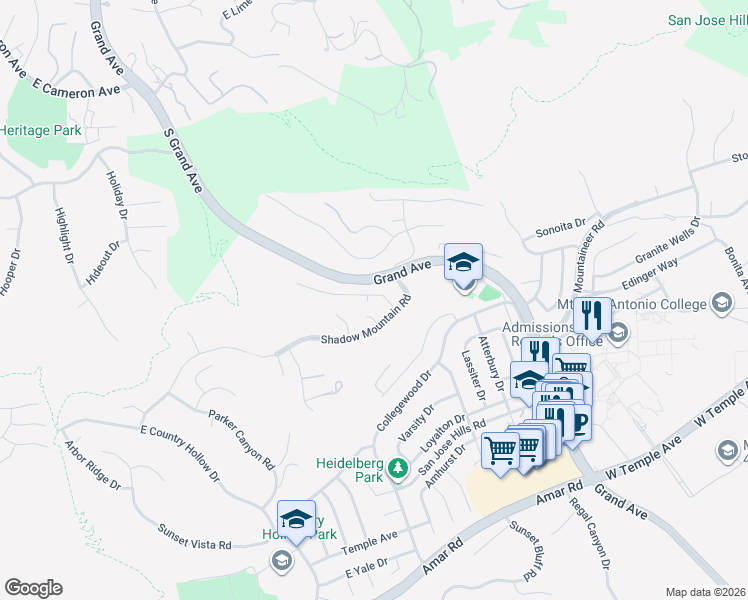 map of restaurants, bars, coffee shops, grocery stores, and more near 20555 Shadow Mountain Road in Walnut