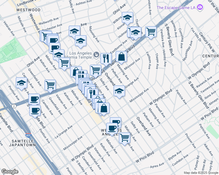 map of restaurants, bars, coffee shops, grocery stores, and more near 1922 Selby Avenue in Los Angeles