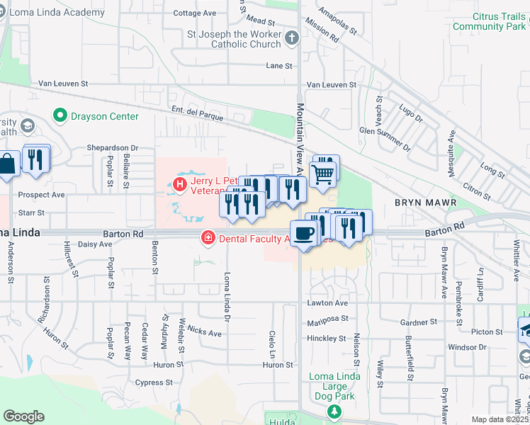 map of restaurants, bars, coffee shops, grocery stores, and more near 25596 Barton Road in Loma Linda