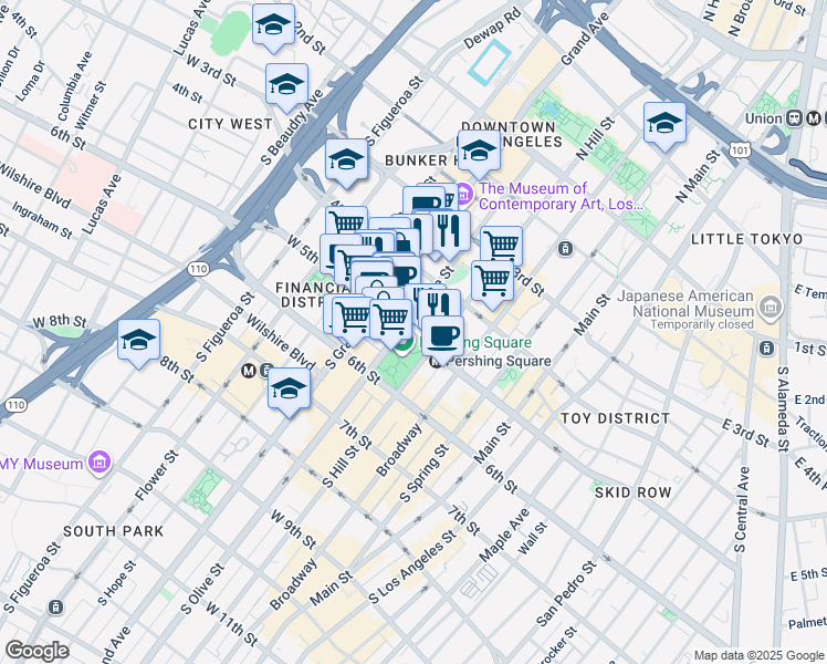 map of restaurants, bars, coffee shops, grocery stores, and more near 461 South Olive Street in Los Angeles