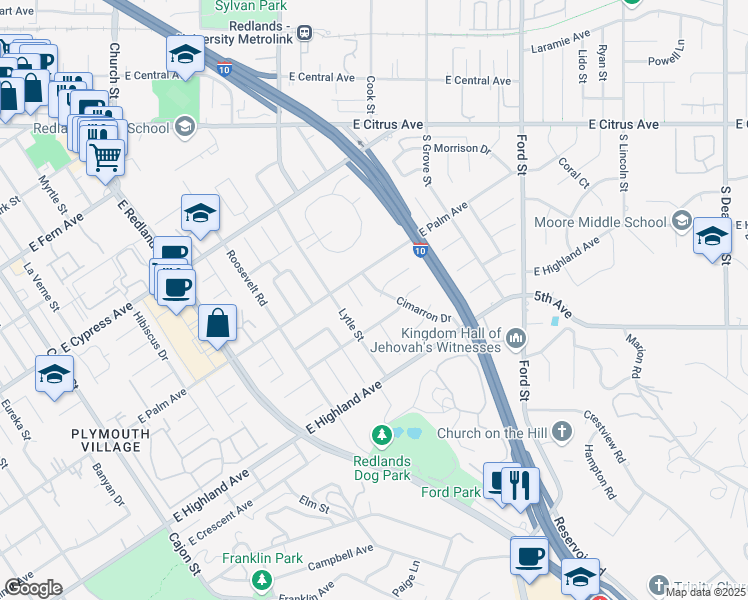 map of restaurants, bars, coffee shops, grocery stores, and more near 814 Cimarron Drive in Redlands