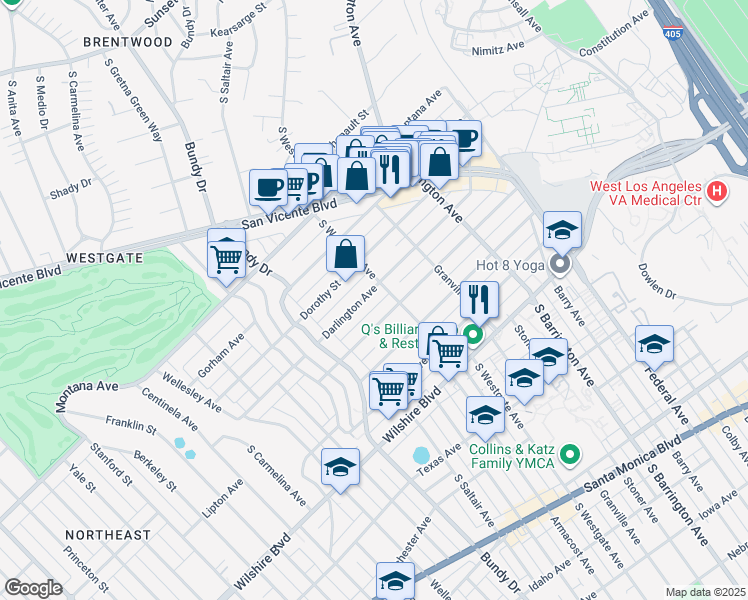map of restaurants, bars, coffee shops, grocery stores, and more near 11918 Darlington Avenue in Los Angeles