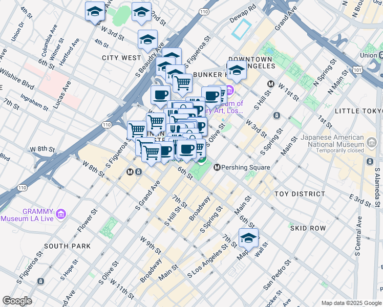 map of restaurants, bars, coffee shops, grocery stores, and more near 512 South Grand Avenue in Los Angeles