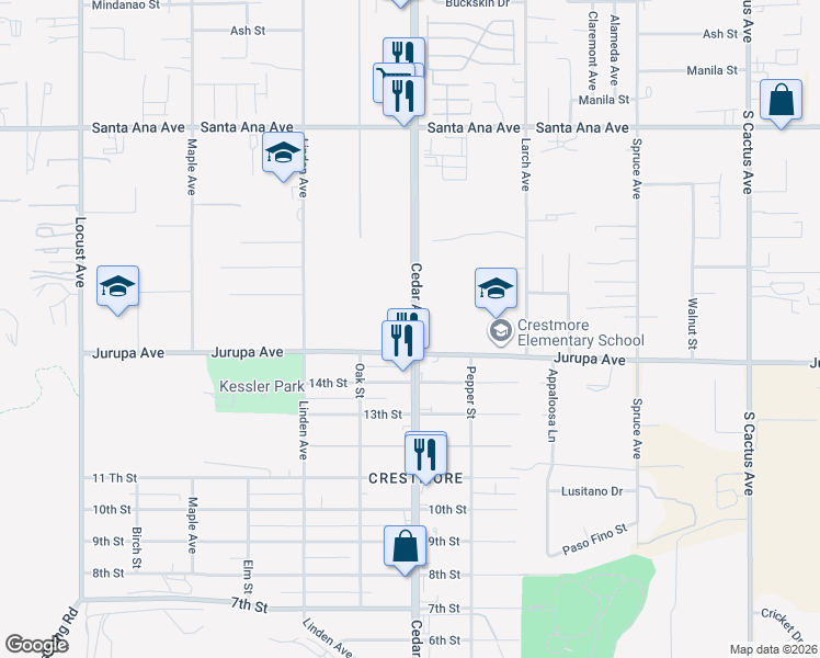 map of restaurants, bars, coffee shops, grocery stores, and more near 11260 Cedar Avenue in Bloomington