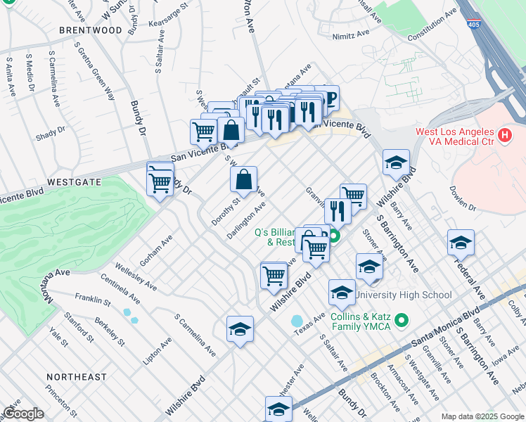 map of restaurants, bars, coffee shops, grocery stores, and more near 11918 Darlington Avenue in Los Angeles