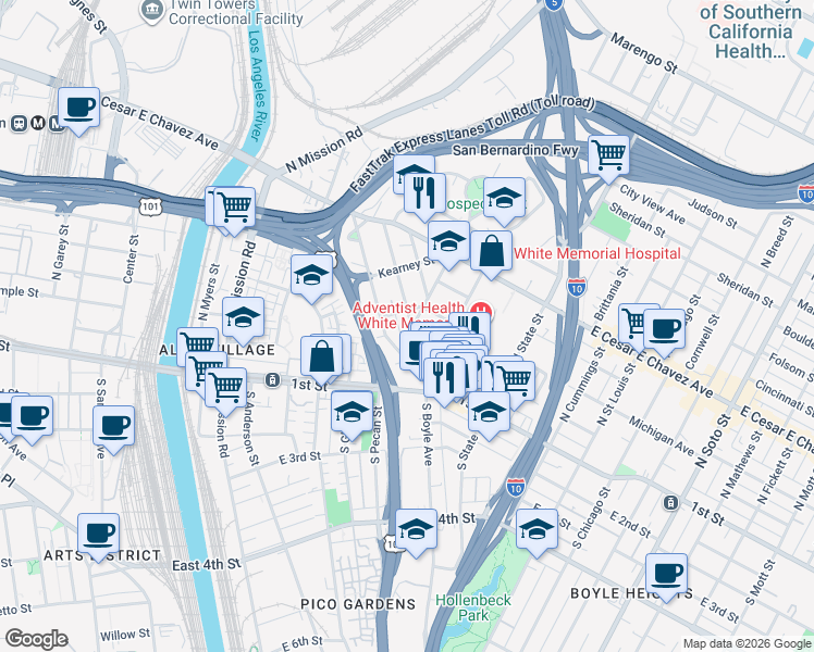 map of restaurants, bars, coffee shops, grocery stores, and more near 1515 Michigan Avenue in Los Angeles