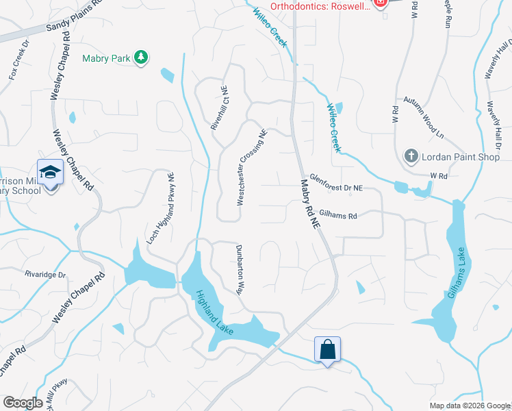 map of restaurants, bars, coffee shops, grocery stores, and more near 4435 Mabry Lane in Roswell