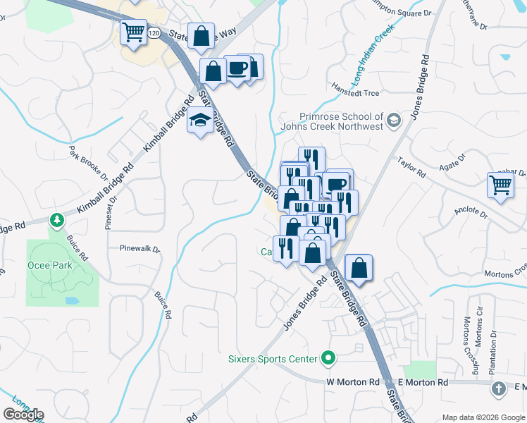 map of restaurants, bars, coffee shops, grocery stores, and more near 11075 State Bridge Road in Johns Creek