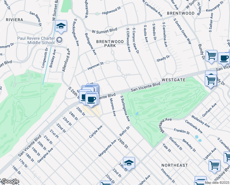 map of restaurants, bars, coffee shops, grocery stores, and more near San Vicente Blvd & Burlingame Ave in Los Angeles