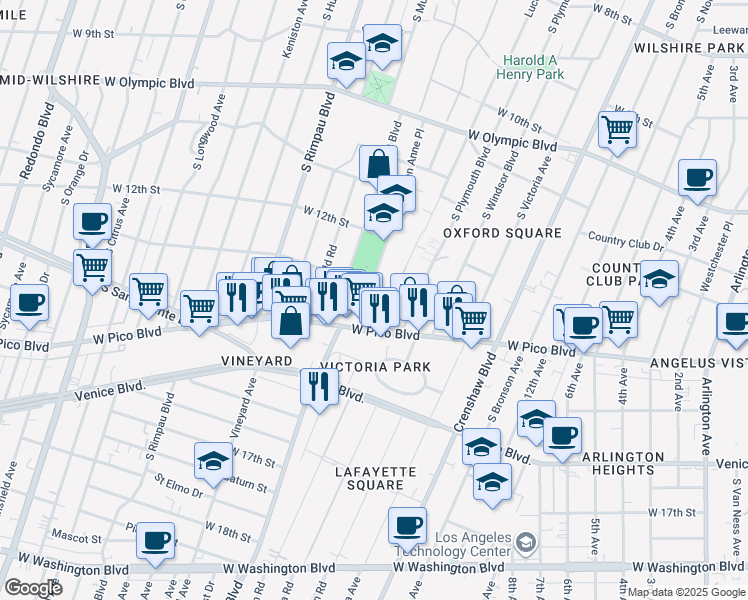 map of restaurants, bars, coffee shops, grocery stores, and more near 1258 Queen Anne Place in Los Angeles