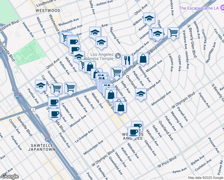map of restaurants, bars, coffee shops, grocery stores, and more near 1810 Malcolm Avenue in Los Angeles