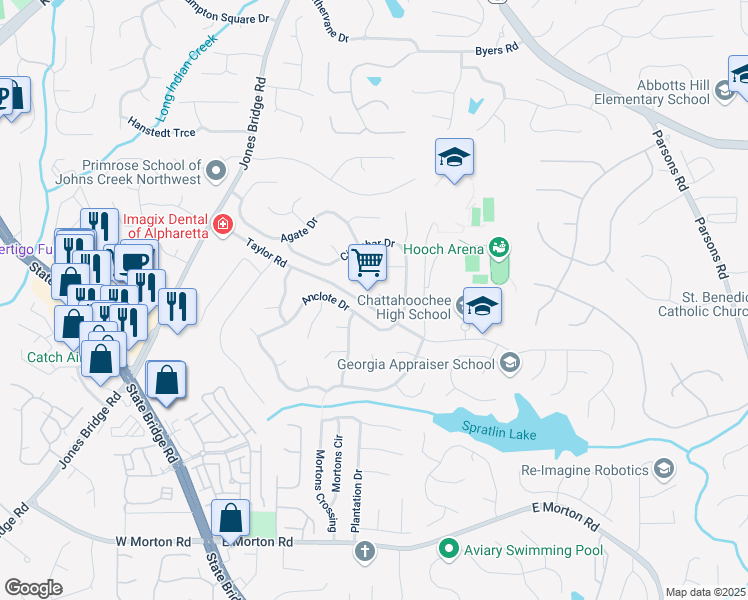 map of restaurants, bars, coffee shops, grocery stores, and more near 540 Shale Court in Alpharetta